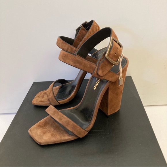 NWT Saint Laurent Oak 100 Khaki Suede Block Heel Ankle Strap Slingback Sandals - Picture 4 of 8